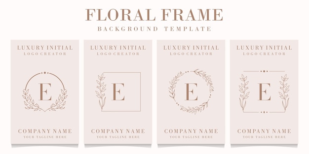 Luxury letter E logo design with floral frame background template