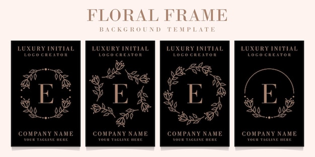 Luxury letter e logo design with floral frame background template