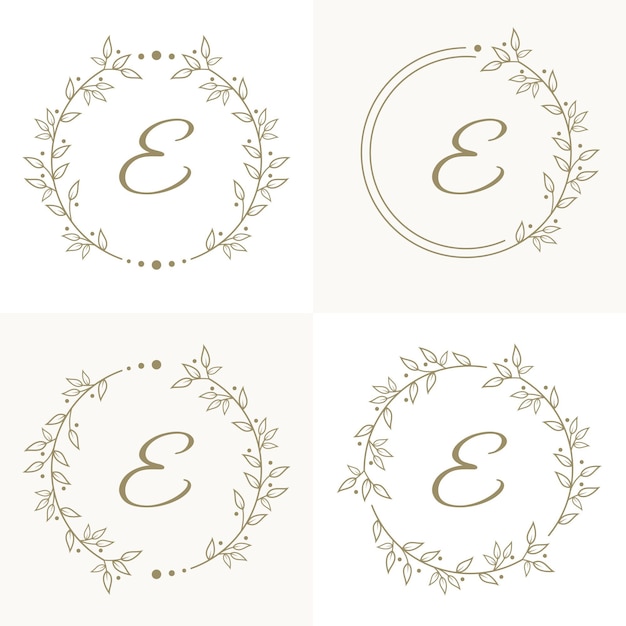 Luxury letter e logo design with floral frame background template