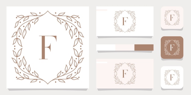 Luxury letter F logo design with floral frame template, business card design