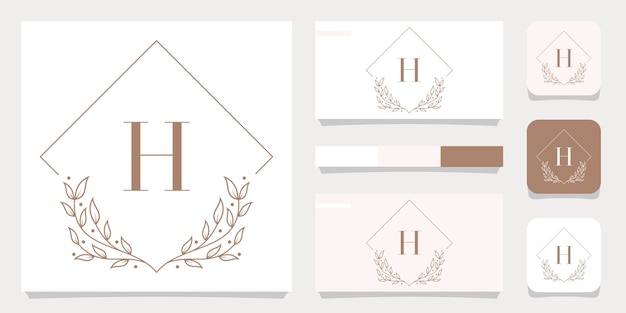 Vector luxury letter h logo design with floral frame template, business card design