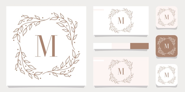 Luxury letter M logo design with floral frame template, business card design