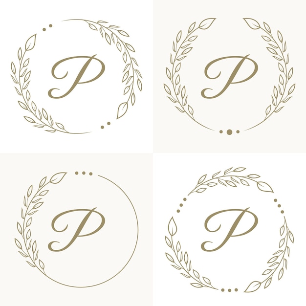 Luxury letter p logo design with floral frame background template