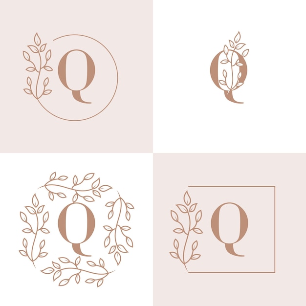 Luxury letter Q logo design with floral frame background template