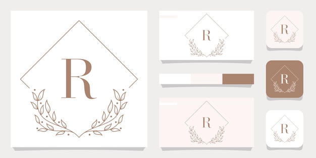 Luxury letter R logo design with floral frame template, business card design