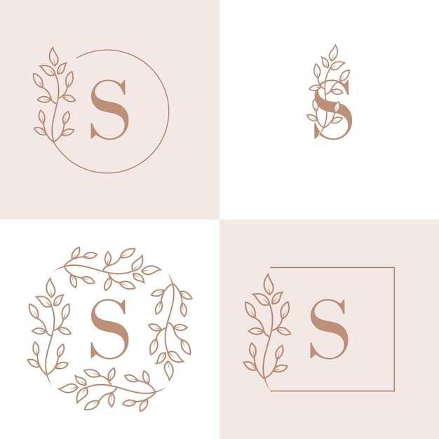 Luxury letter S logo design with floral frame background template