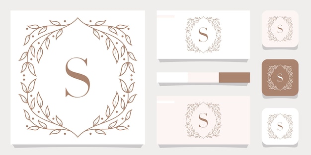 Luxury letter S logo design with floral frame template, business card design