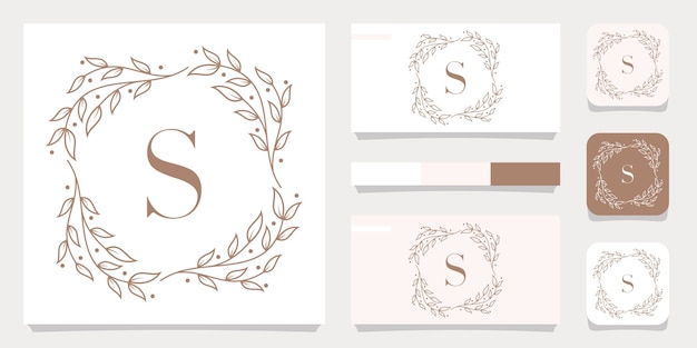 Luxury letter S logo design with floral frame template, business card design