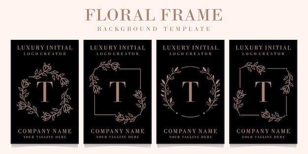 Lettera di lusso t logo design con modello di sfondo cornice floreale