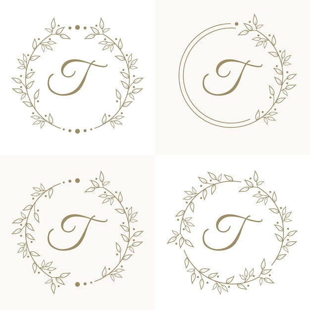 Luxury letter t logo design with floral frame background template