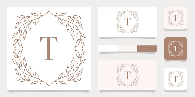 Luxury letter t logo design with floral frame template, business card design