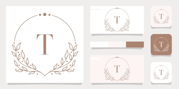 Luxury letter t logo design with floral frame template, business card design