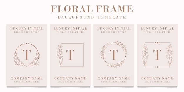 Luxury letter T logo design with floral frame template