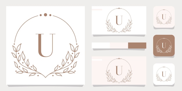 Lettera di lusso u logo design con modello di cornice floreale, design biglietto da visita