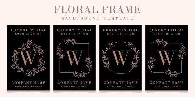 Lettera di lusso w logo design con modello di sfondo cornice floreale