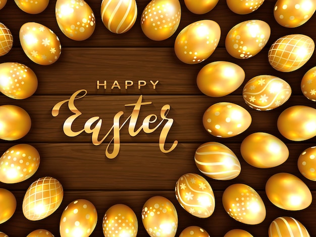 Luxury lettering Happy Easter and set of golden Easter eggs with pattern on brown wooden background, illustration.