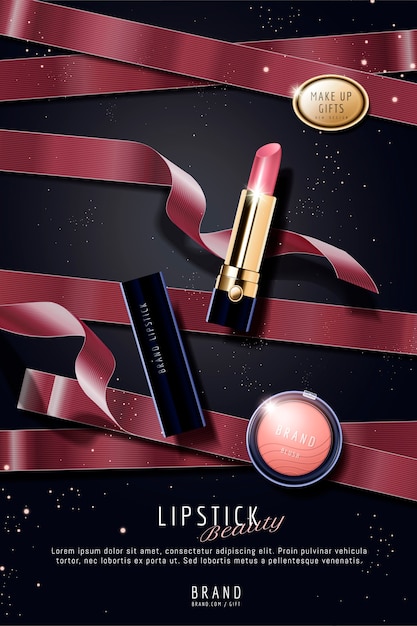 Vector luxury lipstick ads with red ribbons and gold dust effect