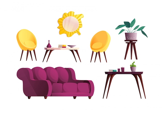 luxury living room furniture elements. red sofa and  yellow armchair, mirror, plant in a spot, table.