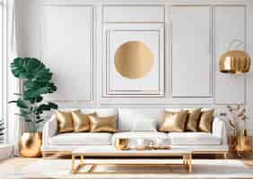 Вектор Роскошный интерьер гостиной с белыми стенами, деревянный пол, удобный диван с золотыми подушками и журнальным столиком. макет рамки плаката, векторная иллюстрация