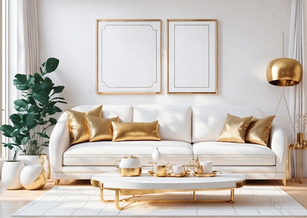 ベクトル 白い壁と木の床の快適なソファと金の枕とコーヒーテーブルを持つ豪華なリビングルームのインテリアモックアップポスターフレームベクトルイラスト