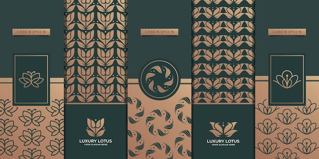 豪華なロゴとゴールドのパッケージデザイン。自然、豪華な蓮、ウェルネス、花、パターン。プレミアムベクトル