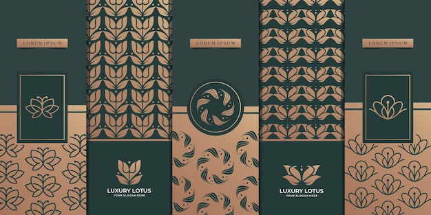 Luxury logo and gold packaging design. nature,luxury lotus, wellness, flower, pattern.Premium Vector