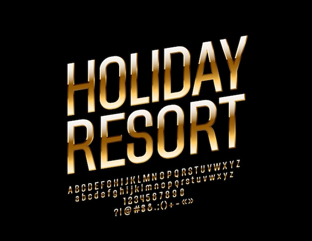 Luxury logo holiday resort. chic gold font. rotated exclusive alphabet letters, numbers and symbols