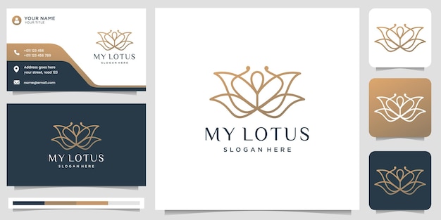 Luxury lotus logo line style flower rose design beauty spa fashion line art monogram shape golden logo design icon and business card template premium vector