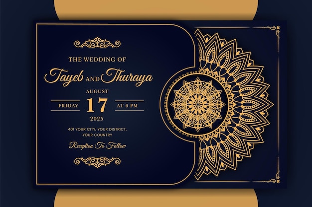 Luxury mandala wedding invitation card template with golden arabesque pattern arabic islamic east background style editable vector file decorative mandala for print poster cover flyer banner