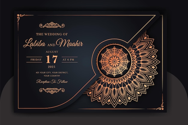 金色の唐草模様の豪華な曼荼羅の結婚式の招待カードのテンプレートアラビアイスラム東部の背景スタイル編集可能なベクトルファイル印刷ポスターカバーチラシバナーの装飾的な曼荼羅