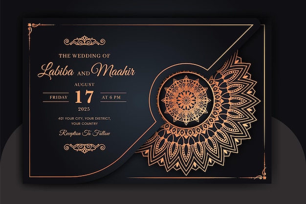 Modello di carta di invito di nozze di lusso mandala con motivo arabesco dorato arabo islamico est sfondo stile file vettoriale modificabile mandala decorativo per banner poster stampa copertina volantino