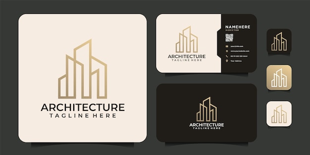 Luxury monogram line architecture building logo design elements with business card