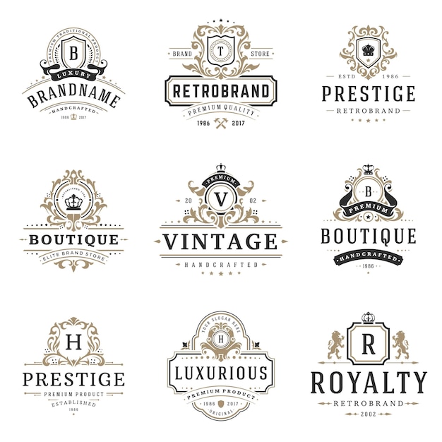 Luxury monogram logos templates vector objects set for logotype or badge design