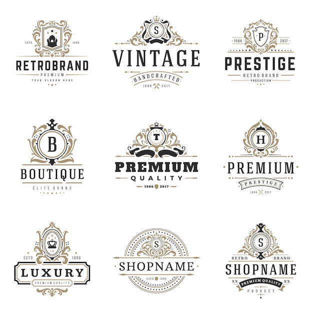 Luxury monogram logos templates vector objects set for logotype or badge design