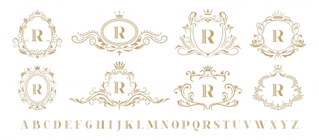 Monogramma di lusso. monogrammi decorativi ornamentali vintage, emblema della corona dorata di lusso retrò e set di icone araldiche barocche cornice di nozze