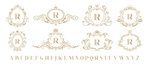 Luxury monogram. vintage ornamental decorative monograms, retro luxury golden wreath emblem and baroque heraldic wedding frame   icons set