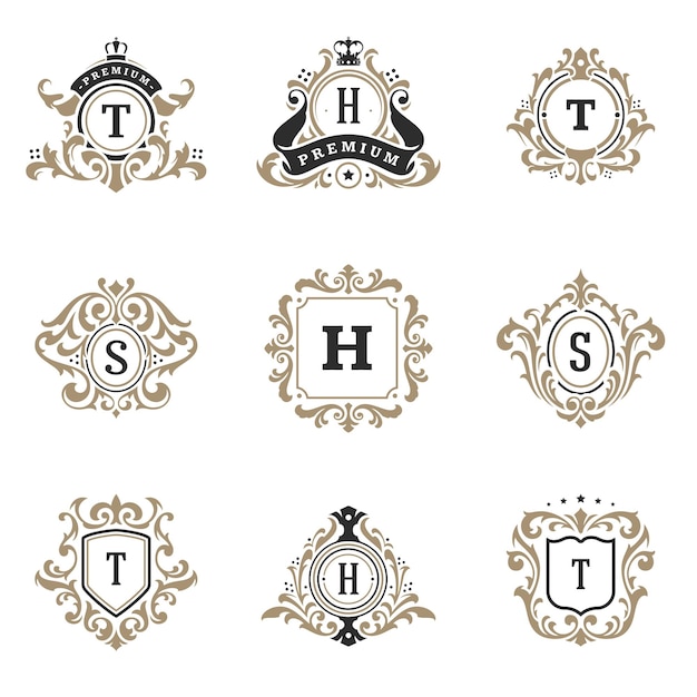 Luxury monograms logos templates vector objects set for logotype or badge design