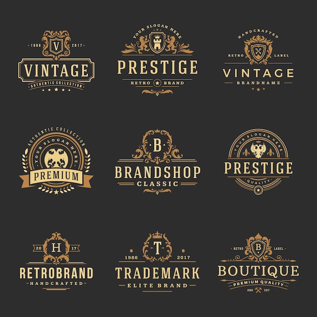 Luxury monograms logos templates vector objects set for logotype or badge design