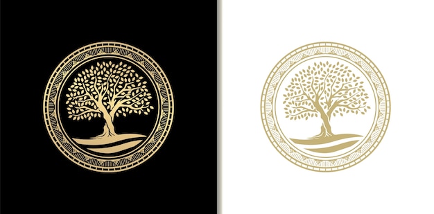 Luxury oak tree stamp, badge or circle frame logo with river, lake or water. Golden gradient color