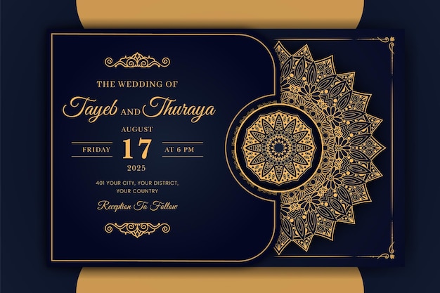 Luxury ornamental mandala wedding invitation card with golden arabesque arabic islamic background