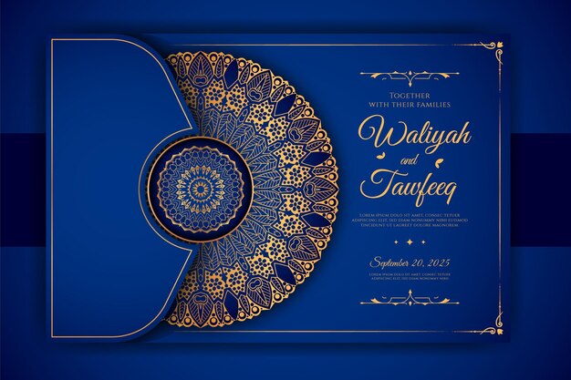 Luxury ornamental mandala wedding invitation card with golden arabesque Arabic Islamic background