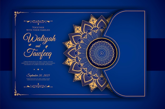 Luxury ornamental mandala wedding invitation card with golden arabesque Arabic Islamic background