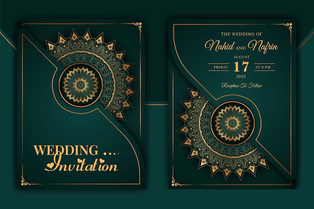 Luxury ornamental mandala wedding invitation card with golden arabesque Arabic Islamic background