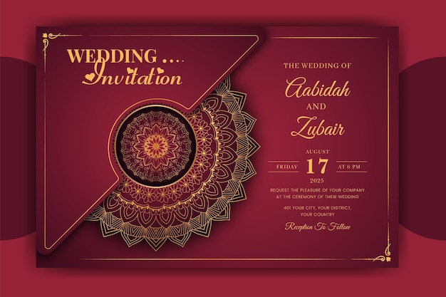 Luxury ornamental mandala wedding invitation card with golden arabesque arabic islamic background