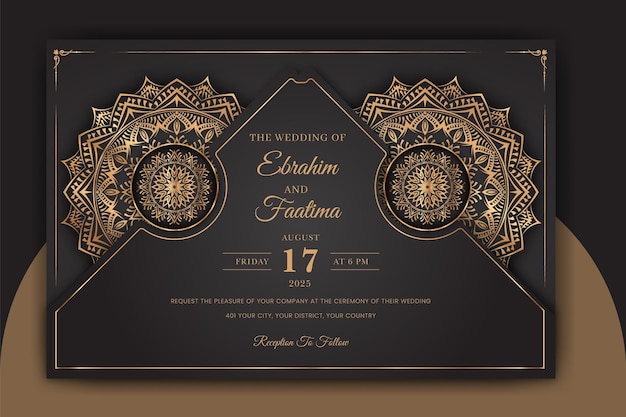 Luxury ornamental mandala wedding invitation card with golden arabesque arabic islamic background