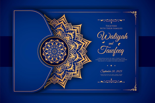 Luxury ornamental mandala wedding invitation card with golden arabesque Arabic Islamic background