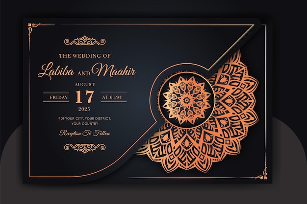 Luxury ornamental mandala wedding invitation card with golden arabesque Arabic Islamic background