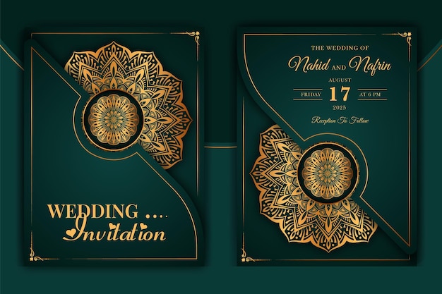 Luxury ornamental mandala wedding invitation card with golden arabesque Arabic Islamic background