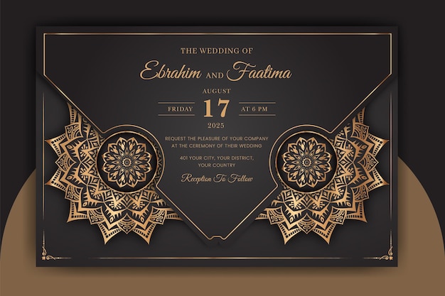 Luxury ornamental mandala wedding invitation card with golden arabesque arabic islamic background