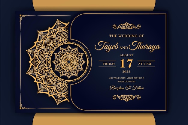 Luxury ornamental mandala wedding invitation card with golden arabesque Arabic Islamic background